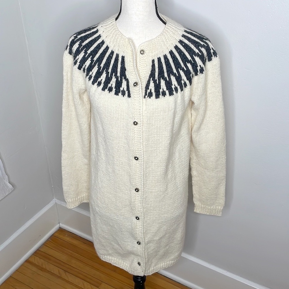 Handmade lambswool fair isle long cardigan sweater
